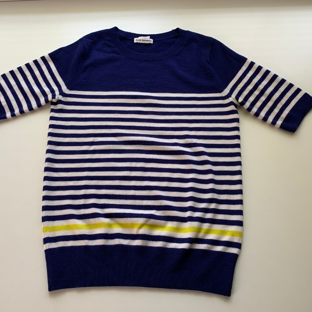 Club Monaco Striped Blue Wool Short Sleeve Sweater